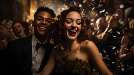 Rollo Couple  celebrating at a New Year’s Eve Party - confetti - formal dress - happy joy - party - dance - dancing - celebration - ball  © Jeff