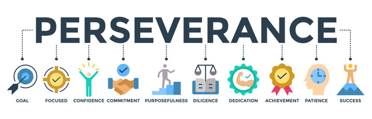 Perseverance banner web icon vector illustration concept with icon of goal, focused, confidence, commitment, purposefulness, diligence, dedication, achievement, patience and success