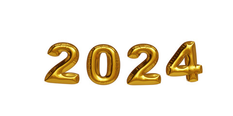 3D illustration render golden/ambar metallic balloon happy new year 2024. New Year's Eve party. Resource for social media art.