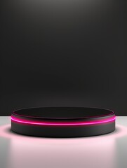Black Pedestal of platform display with neon modern stand podium room background. Blank Exhibition stage backdrop or empty product shelf, copy space, generative ai