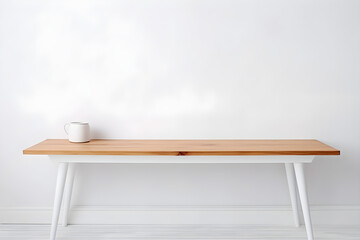 Obraz na płótnie Canvas Wooden table against a white wall for display purposes. High Quality Photo.