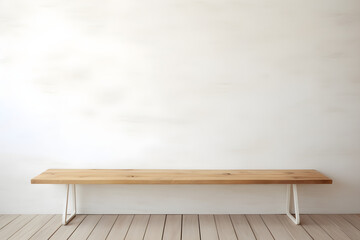 Wooden table against a white wall for display purposes. High Quality Photo.