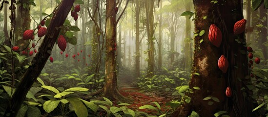 lush green forest, amidst the tall trees, the enticing aroma of chocolate filled the air as the fruit-laden cacao tree stood proud, showcasing its vibrant red pods, symbolizing natures growth and the - obrazy, fototapety, plakaty