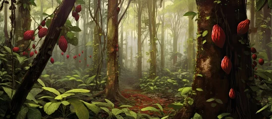 Poster lush green forest, amidst the tall trees, the enticing aroma of chocolate filled the air as the fruit-laden cacao tree stood proud, showcasing its vibrant red pods, symbolizing natures growth and the © AkuAku
