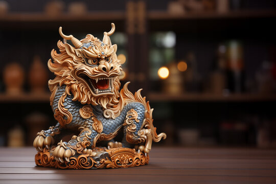 Figurine of a Chinese dragon with copy space. Generative AI image.