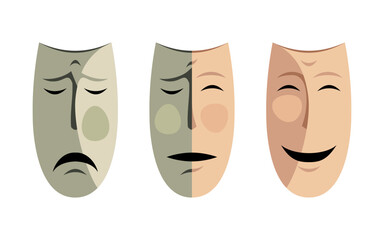 Dramatic masks in flat style. Transition from sadness to joy - obrazy, fototapety, plakaty