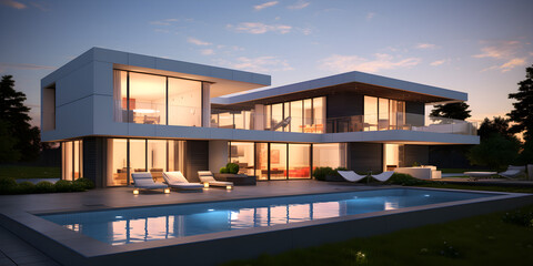 Beautiful suburban modern home in the evening, swimming pool, in the style of white and gray