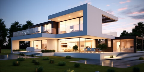 Fototapeta premium Beautiful suburban modern home in the evening, swimming pool, in the style of white and gray