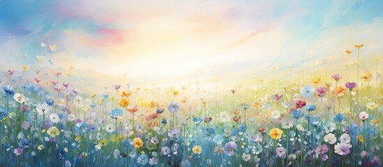 In a mesmerizing abstract floral garden, the sky's vibrant blue reflects off the golden sun, while the lush green grass textures the landscape of nature's summer masterpiece, a true springtime delight - obrazy, fototapety, plakaty