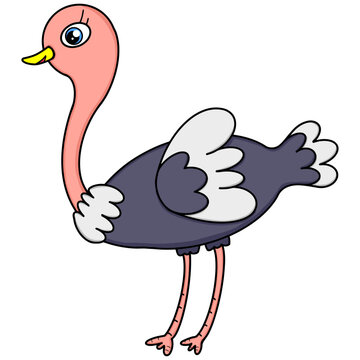 Kawaii dark and light grey ostrich with a big head bright eye and yellow beak