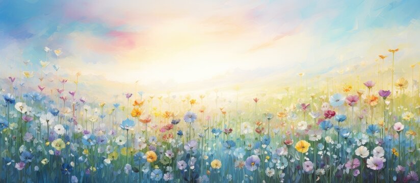 In a mesmerizing abstract floral garden, the sky's vibrant blue reflects off the golden sun, while the lush green grass textures the landscape of nature's summer masterpiece, a true springtime delight