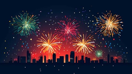 Fototapeta na wymiar New Year 2024 Celebration Fireworks Cityscape Background