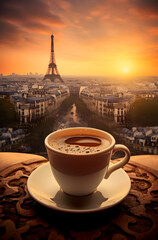 Fresh Hot morning cup of coffee with city background