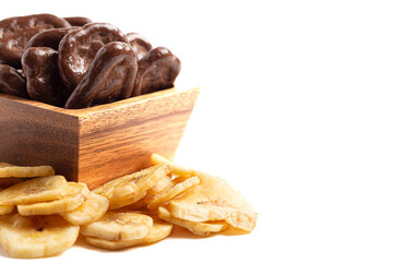 Healthy Chocolate Covered Banana Chips and Original Banana Chips Isolated on a White Background