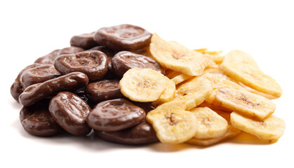 Healthy Chocolate Covered Banana Chips and Original Banana Chips Isolated on a White Background
