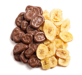 Healthy Chocolate Covered Banana Chips and Original Banana Chips Isolated on a White Background