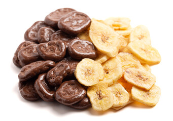 Healthy Chocolate Covered Banana Chips and Original Banana Chips Isolated on a White Background