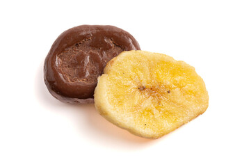 Healthy Chocolate Covered Banana Chips and Original Banana Chips Isolated on a White Background