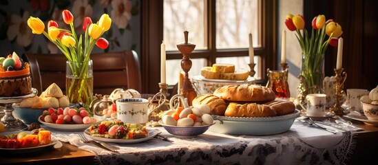 Slava, a Serbian celebration, filled the kitchen with the aroma of freshly baked bread and gourmet cake while the table was adorned with a feast of traditional Easter food, creating a picturesque - obrazy, fototapety, plakaty
