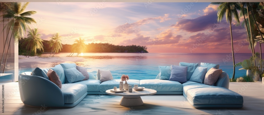 Poster from a distant abstract perspective, the design captivates with an enchanting blend of sky and beach