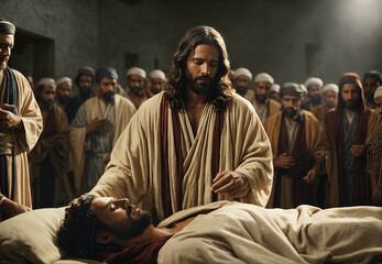 Jesus heals a sick man with people gathering around to witness the miracle. Religious biblical concept.