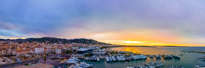Aerial view of Cannes, a resort town on the French Riviera, is famed for its international film...