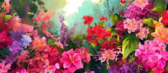 background of the lush garden, red, pink, and colorful flowers bloomed summer and spring, filling the air with the beauty of their floral scents. The green leaves of the plants provided a vibrant
