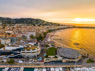 Aerial view of Cannes, a resort town on the French Riviera, is famed for its international film...