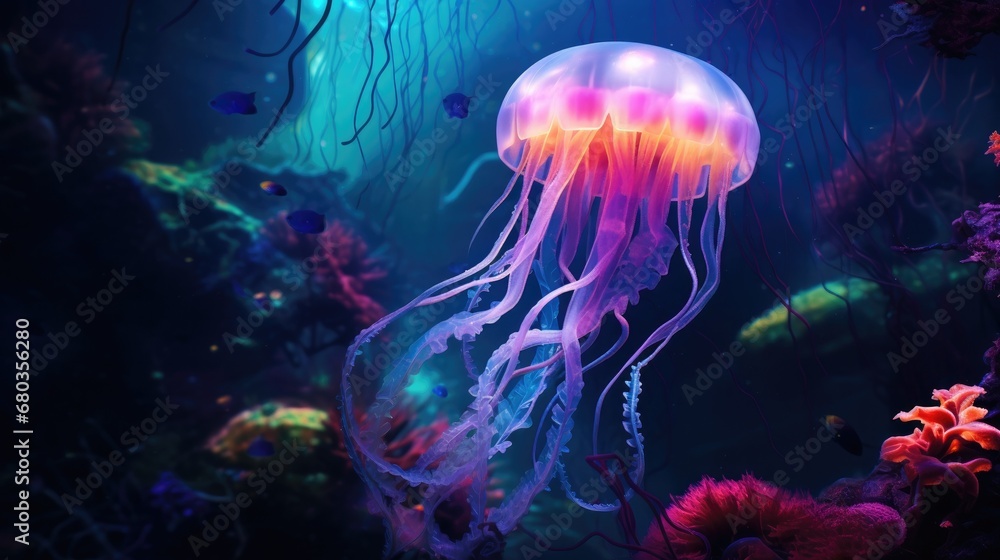 Poster a jellyfish floating in the ocean surrounded by coral. generative ai.