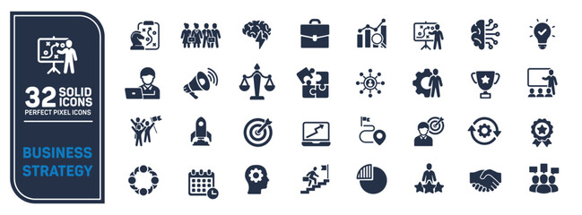 Business strategy solid icons collection. Containing strategy, teamwork, organization, finance etc icons. For website marketing design, logo, app, template, ui, etc. Vector illustration.