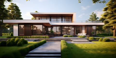 Modern house facade with green trees in the background, in the style of modern architectural