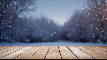Naklejka na ściany i meble Empty table in beautiful winter landscape, wood plank board in snow mountain outdoor comeliness