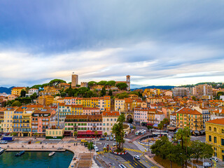 Aerial view of Cannes, a resort town on the French Riviera, is famed for its international film...