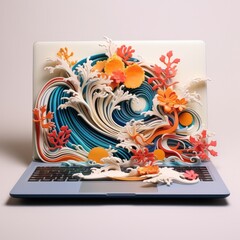 A laptop with a paper art of waves and corals. Generative AI.