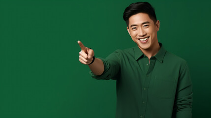 Asian Man pointing finger empty space promote product isolated on green color background