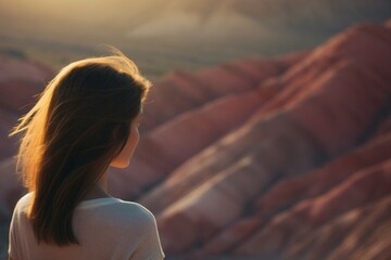 An evocative image of a lone woman set against the backdrop of layered canyon formations at sunset, creating a scene of solitude and natural beauty.
