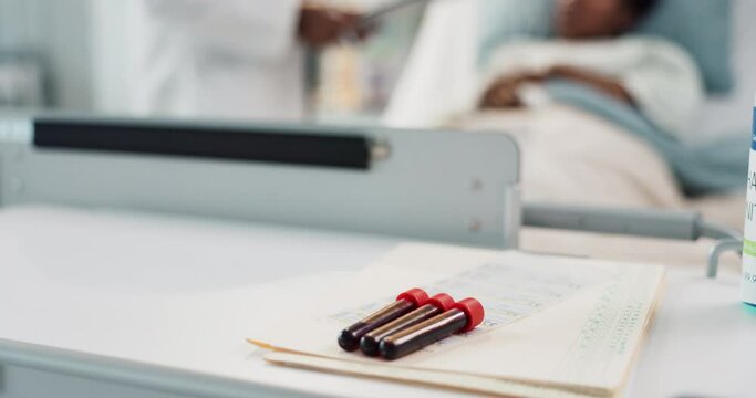 Blood test, glass vial and documents in hospital for surgery, medical research and health for patient in bed. Doctor, medic and sick person in closeup for dna sample, folder or analysis for leukemia