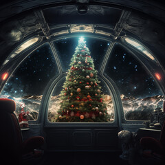 a christmas tree sitting inside of a spaceship, concept art, space art, a hyper realistic, 4k highly detailed digital art, sci fi - obrazy, fototapety, plakaty