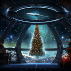a christmas tree with a spaceship in the background, cg society contest winner, spaceship window - obrazy, fototapety, plakaty