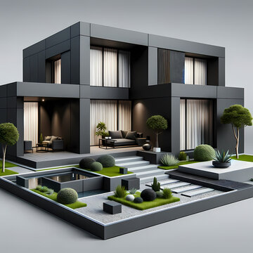 A sleek, modern house with a dark grey exterior, accompanied by a small, contemporary garden. The house should exhibit a modern architectural style
