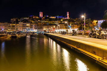 Night view of Cannes, a resort town on the French Riviera, is famed for its international film festival
