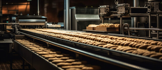 Automated conveyor belt moves bread in a bakery. Generative AI - obrazy, fototapety, plakaty
