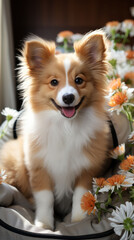 A Corgi with a beaming smile and lush fur poses joyfully among white and orange flowers, its spirited demeanor capturing the heartwarming essence of a beloved pet.

