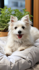 A joyful white dog with a fluffy coat sits amidst a sunlit room, its tongue out in a happy pant, surrounded by the brightness of a sunny day and cheerful blooms.
