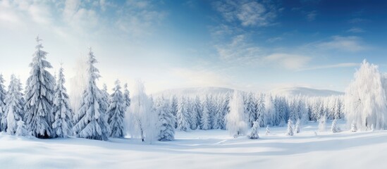 On a beautiful winter day, the snow-covered forest glistened under the blue sky as nature's...