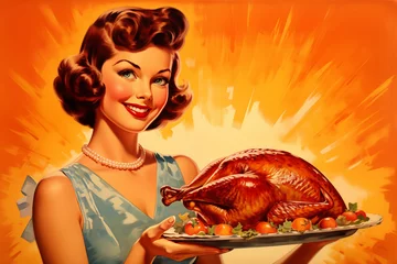 Poster brunette woman holding thanksgiving turkey in vintage advertising pin up illustration style with yellow background  © Ricky