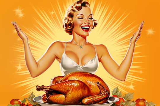 blond woman with thanksgiving turkey in vintage advertising pin up illustration style with yellow background	