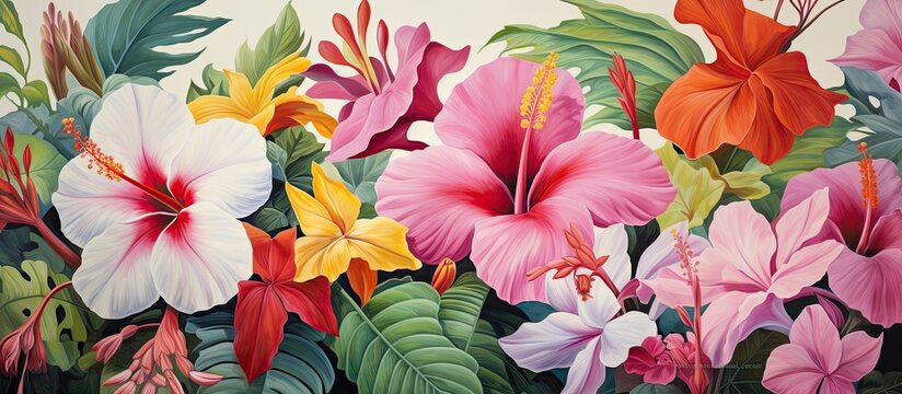 In the lush garden, among the vibrant green leaves and colorful blossoms, the floral beauty of the tropical pink flowers is a sight to behold, showcasing the growth and health that comes with the