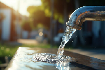Faucet with flowing water, close-up, shallow depth of field