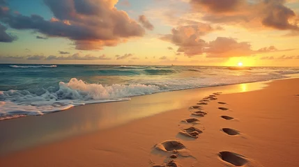 Tuinposter Footprints in the sand on the beach at sunset © Boraryn